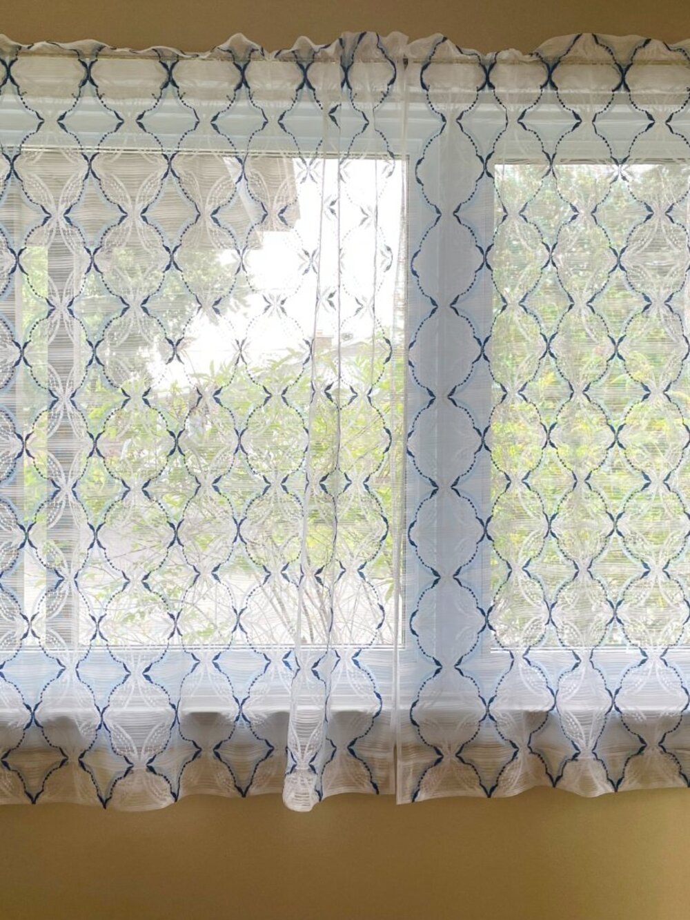 Pair of vintage 70s sheer curtains, net woven panels, white, blue mesh, rod head